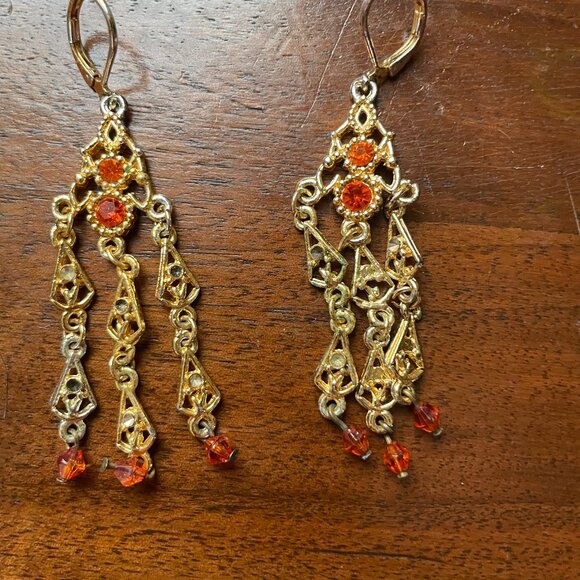 3/$12. Orange and Gold Tone Chandelier Earrings - Picture 1 of 2